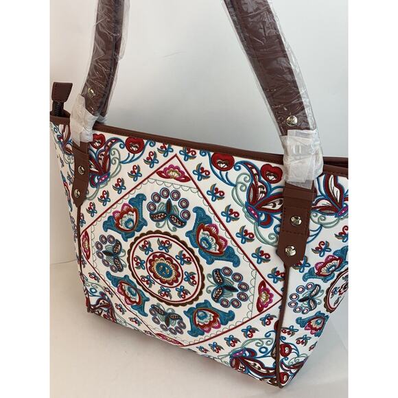 NEW Fricaine Brown Embroidered Tote Floral Leather Purse Handbag - Picture 2 of 11